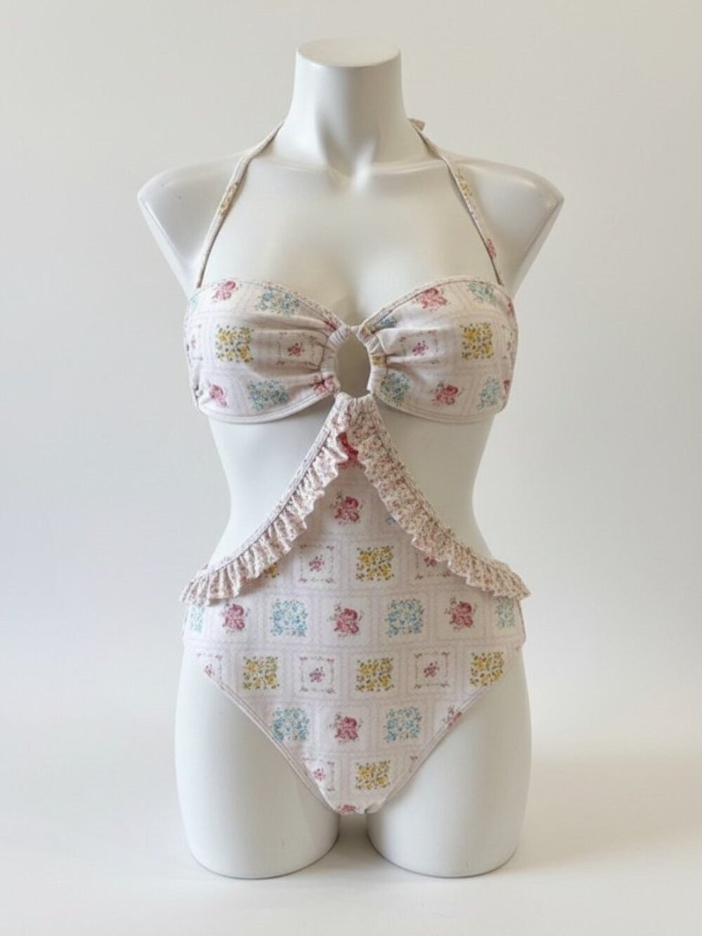 Forever 21 Women L White Floral Cutout Halter One Piece Swimsuit Coquette NWOT